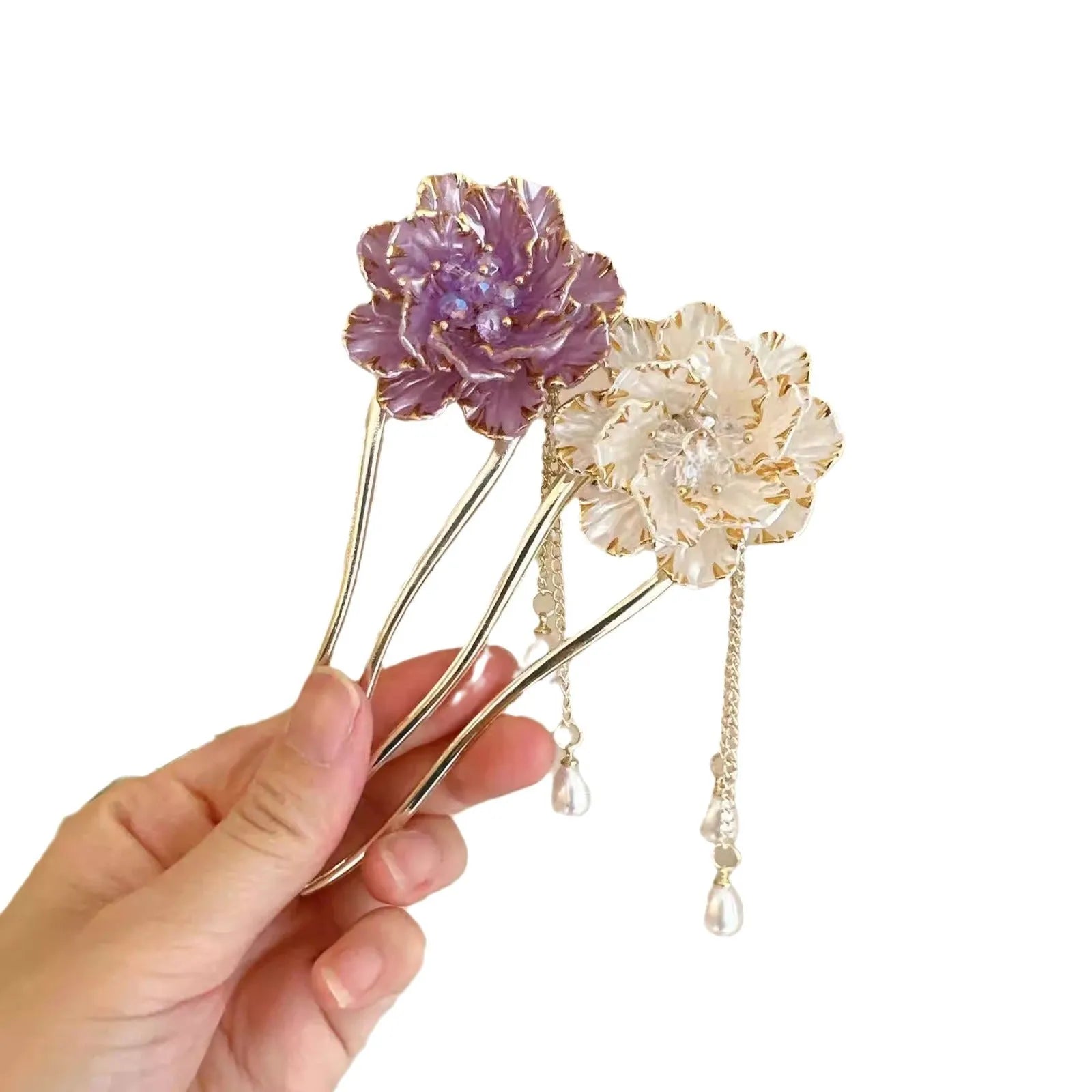 Retro pastoral style U-shaped hairpin with purple peony flower tassel decoration on alloy barrette