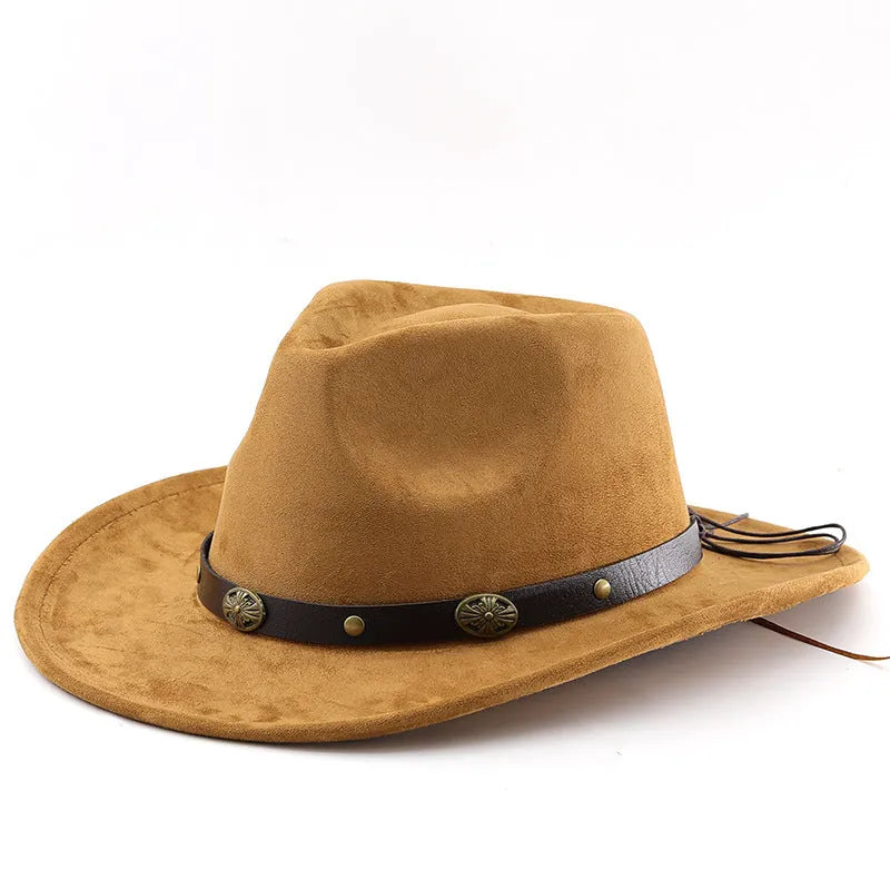 Brown leather velvet cowboy hat with curved brim and conical crown.