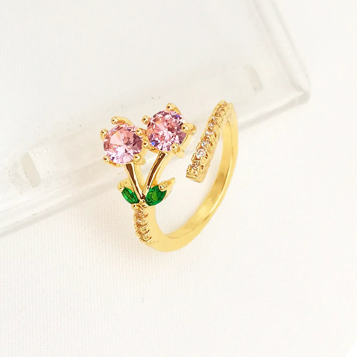 Women's copper leaf geometric open ring showing split band design with micro inlaid detailing