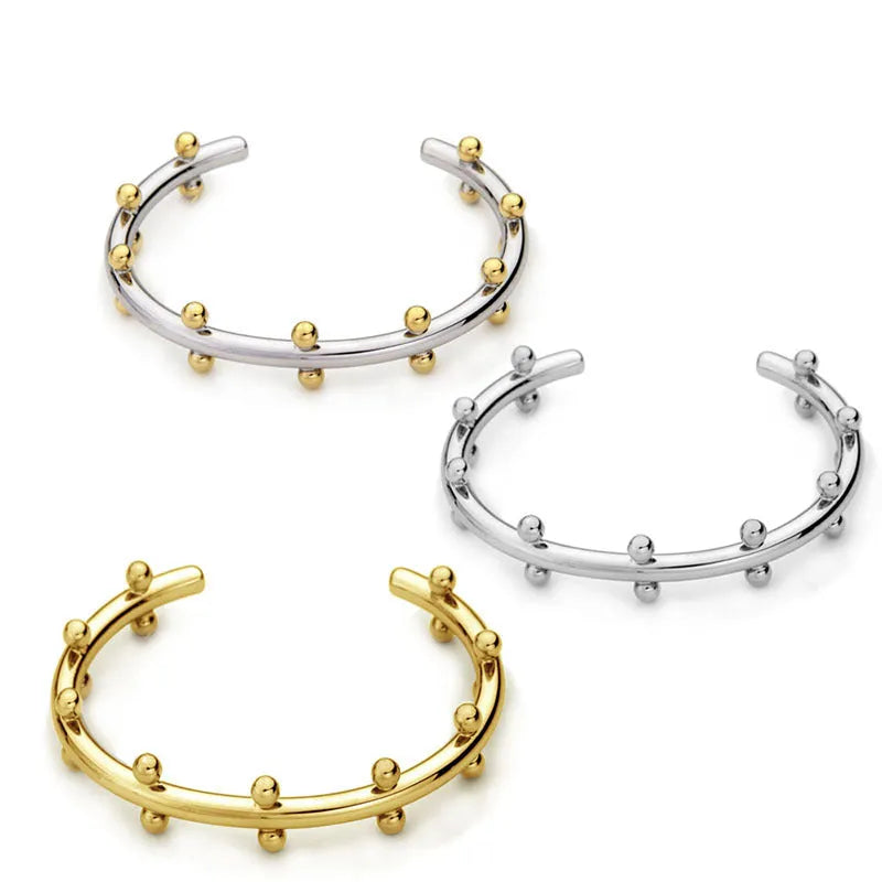 Stainless steel rivet texture C-shaped bean beads personality bracelet with alloy bracelet in gold, steel or steel gold finishes