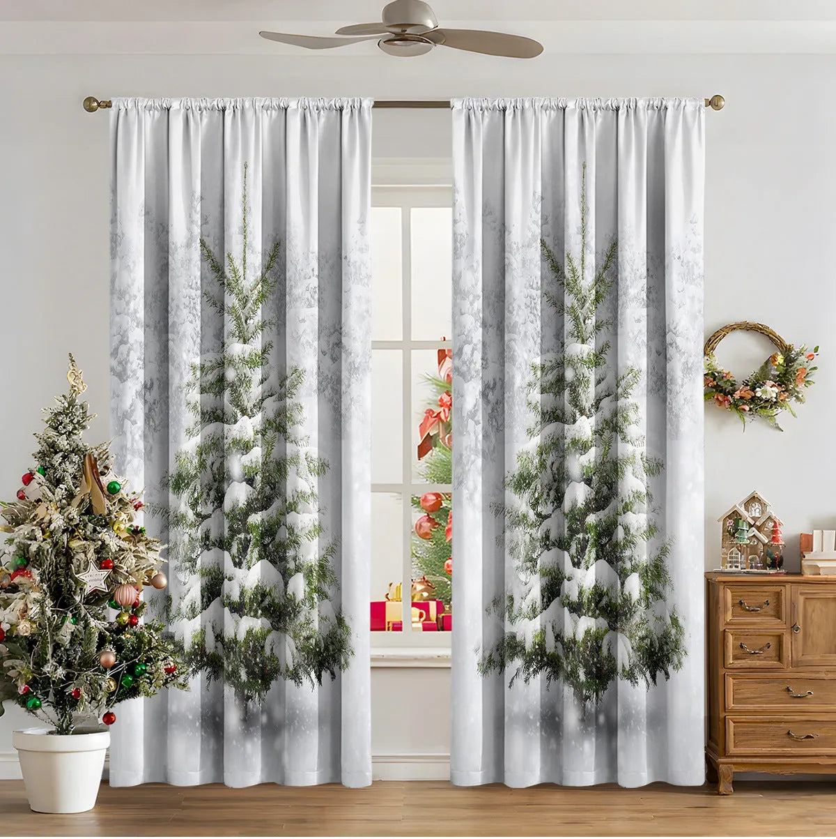 3D digitally printed modern Christmas curtain in a polyester fabric, showing one of fifteen available design styles.