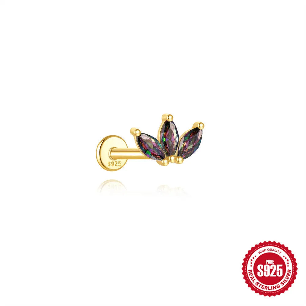 S925 sterling silver geometric flat head earring with a shiny rainbow stone on an alloy backing.