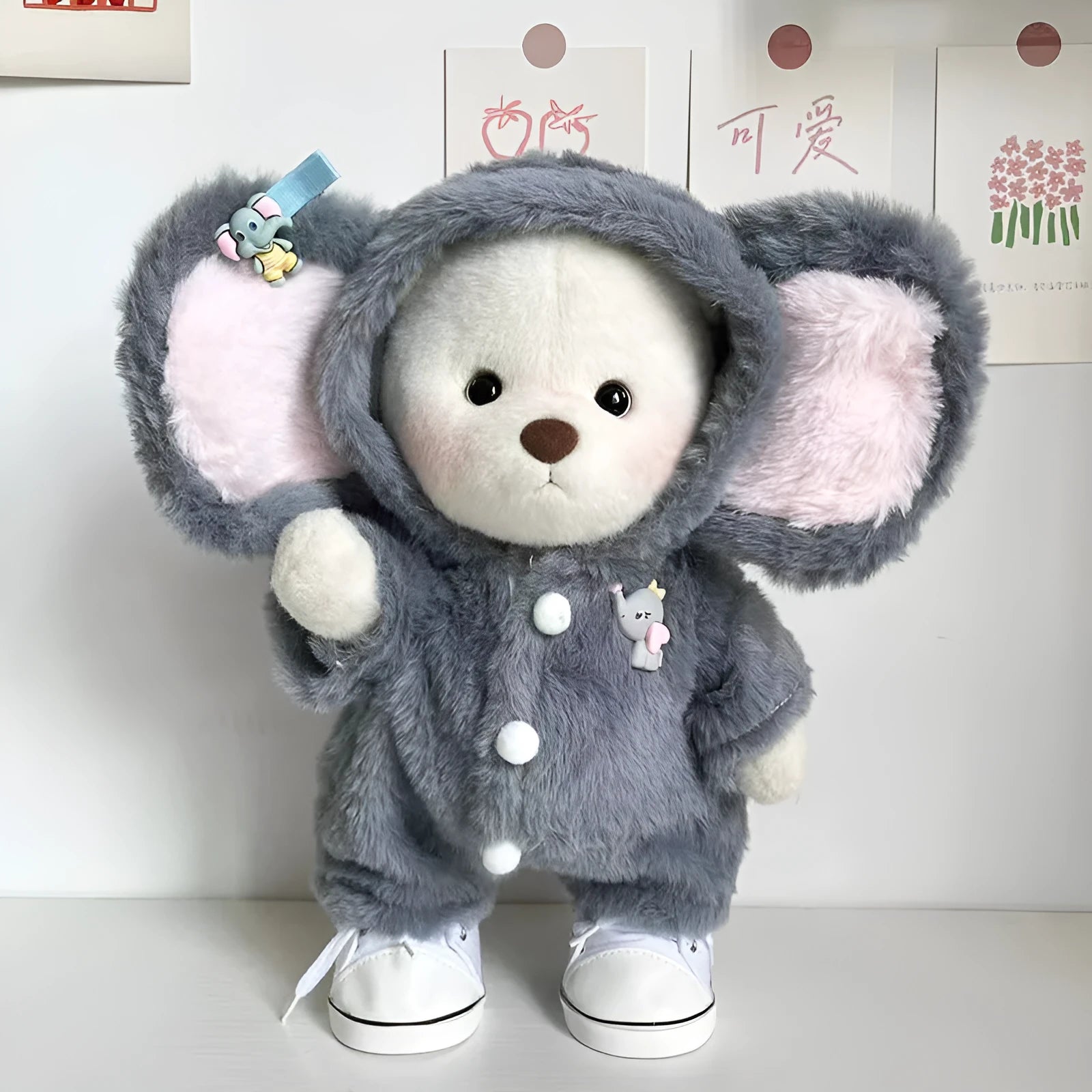 Grey elephant pattern plush jumpsuit outfit for a 30cm Lina bear doll