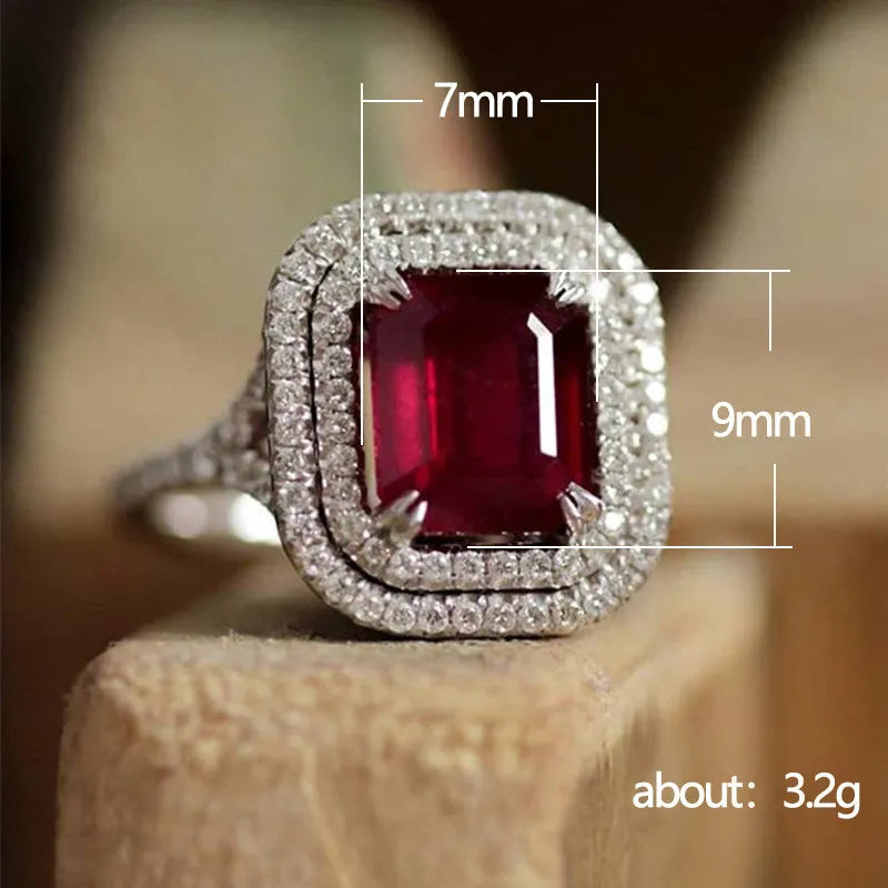 Copper square princess ring with red rhinestones in geometric pattern, UK sizes 6-10