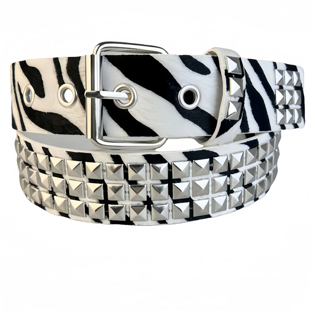Brown leopard print women's punk belt with silver metal rivets and alloy buckle