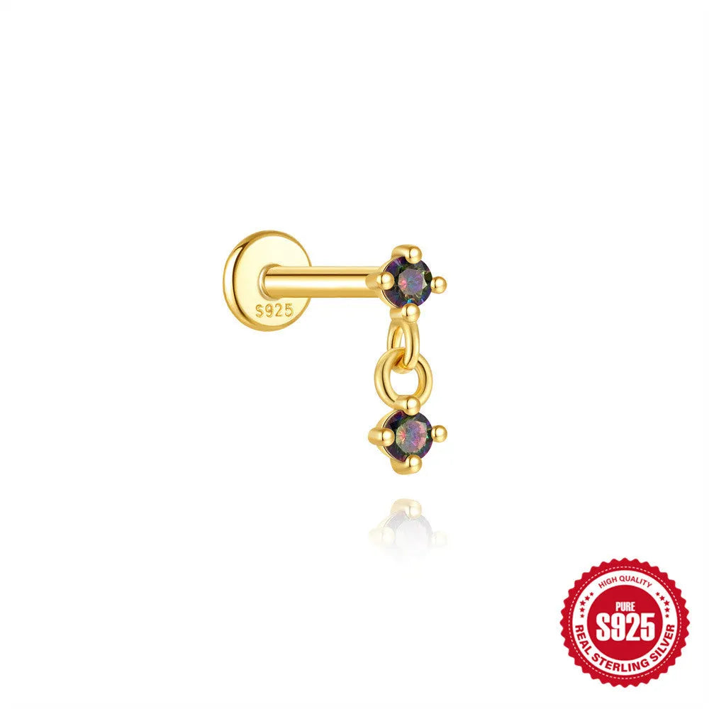 S925 sterling silver geometric flat head earring with a shiny rainbow stone on an alloy backing.