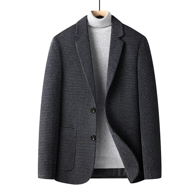 Men's slim fit grey wool suit jacket for autumn winter wear.