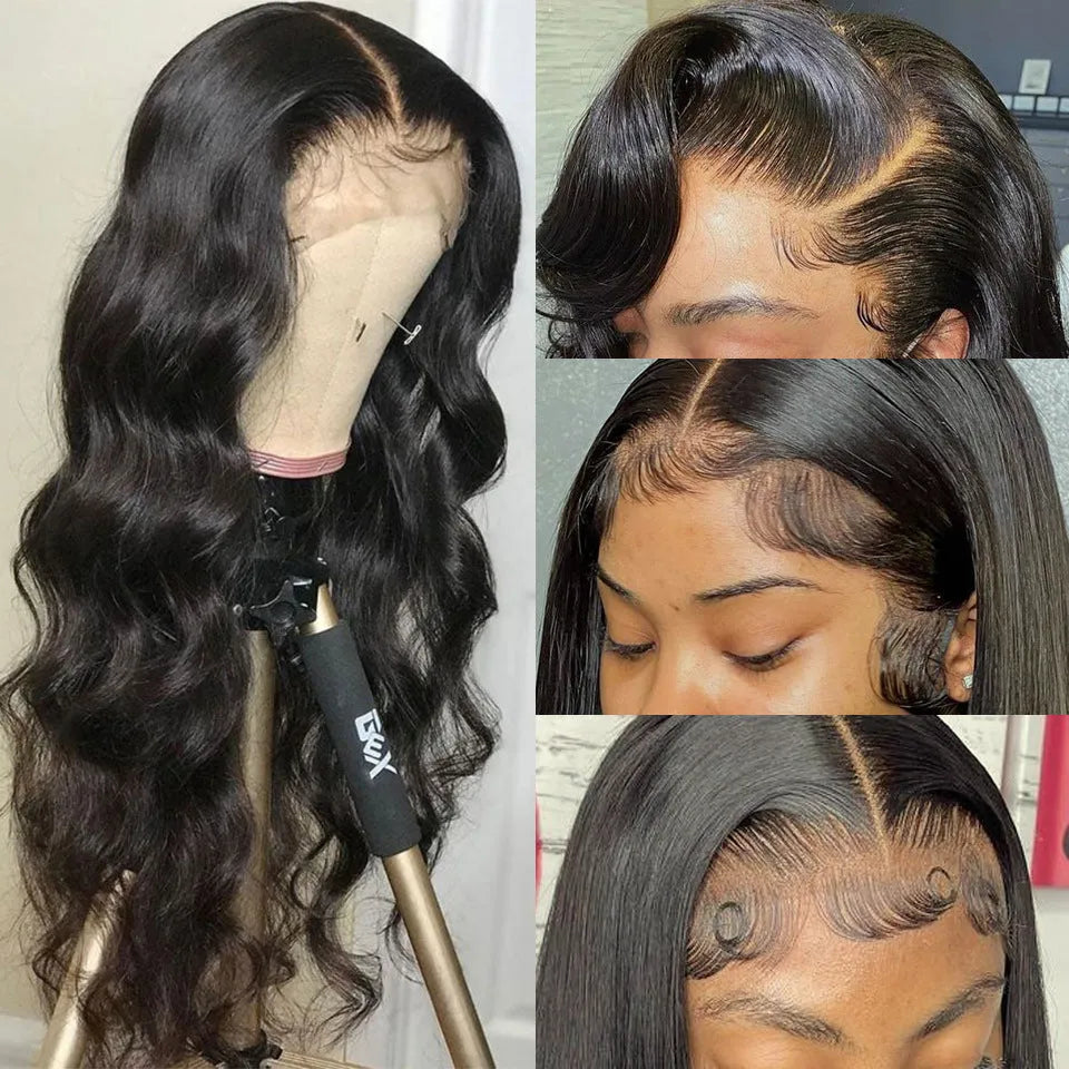 Black long curly synthetic wig with front lace and side bangs on a wig stand