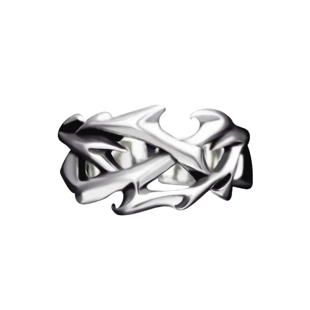 Copper geometric ring with thorn and flower design featuring adjustable opening mechanism