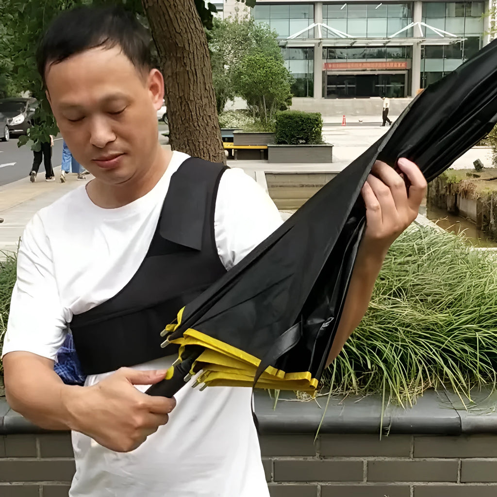 Black portable umbrella holder with fixed shoulder strap for hands-free sunshade use