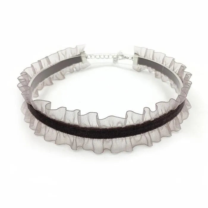 Velvet ruffled alloy flower necklace with snake bone chain in black, light coffee, or white electroplated finish