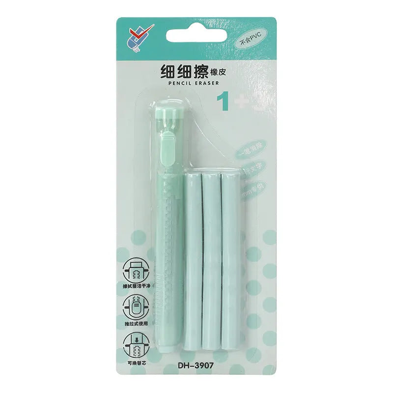 Push type automatic eraser in blue, green, pink, and purple colours for children's stationery