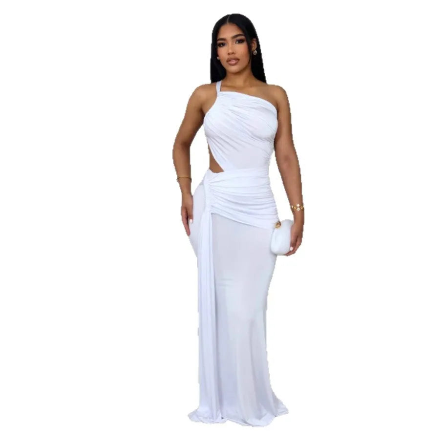 Women's solid colour one shoulder pleated dress in milk silk polyester fabric shown in white, orange, and green