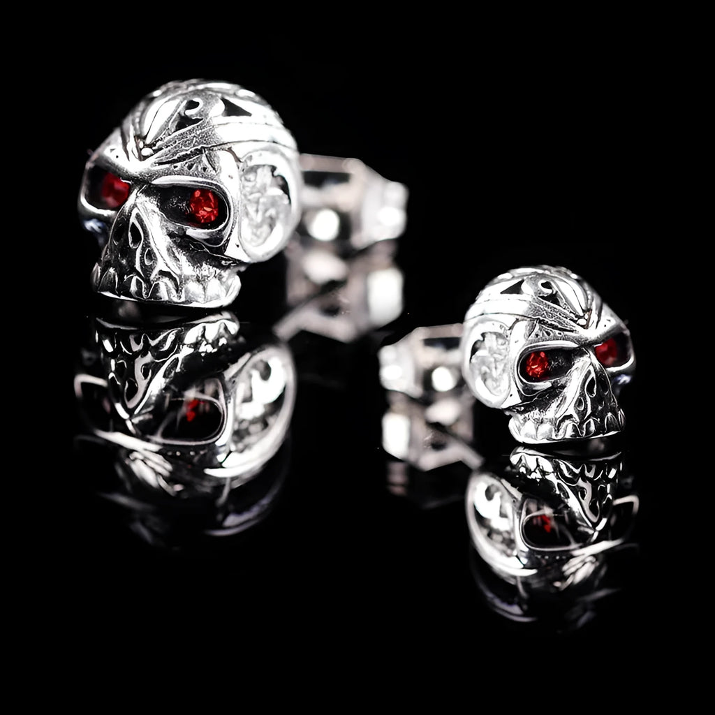Retro skull stud earrings with red eye ghost head design and alloy artificial gemstone inlay