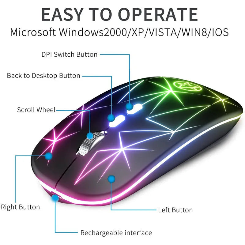Wireless Bluetooth mouse with luminous charging in star black colour showing five buttons and metal roller wheel