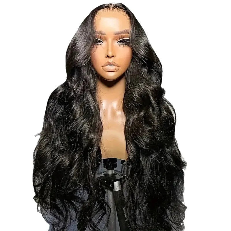 Black synthetic lace wig with big wave hairstyle, shown on a wig stand.