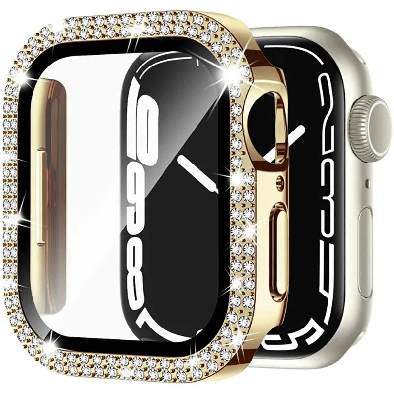 Apple Watch with a protective case and Double Diamond Glass screen protector in rose gold colour