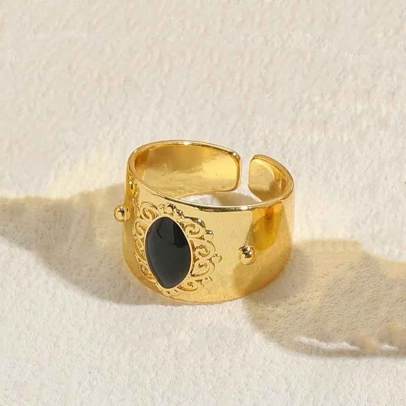 Geometric copper ring with zircon gemstone in horse eye black electroplated finish