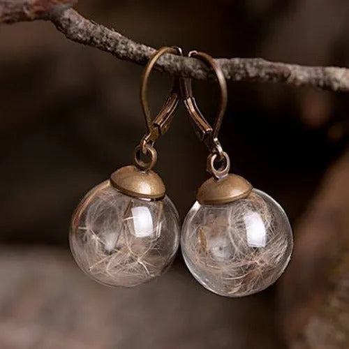 Transparent glass ball earrings with dandelion seed design and French hooks in silver or bronze finishes