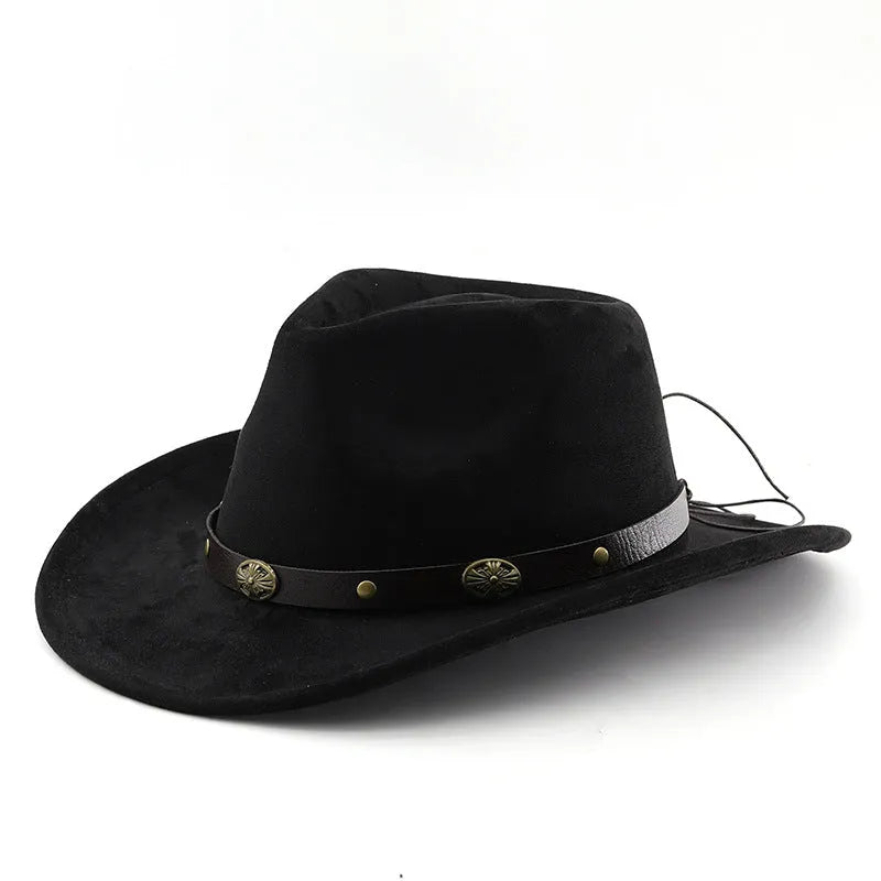 Brown leather velvet cowboy hat with curved brim and conical crown.