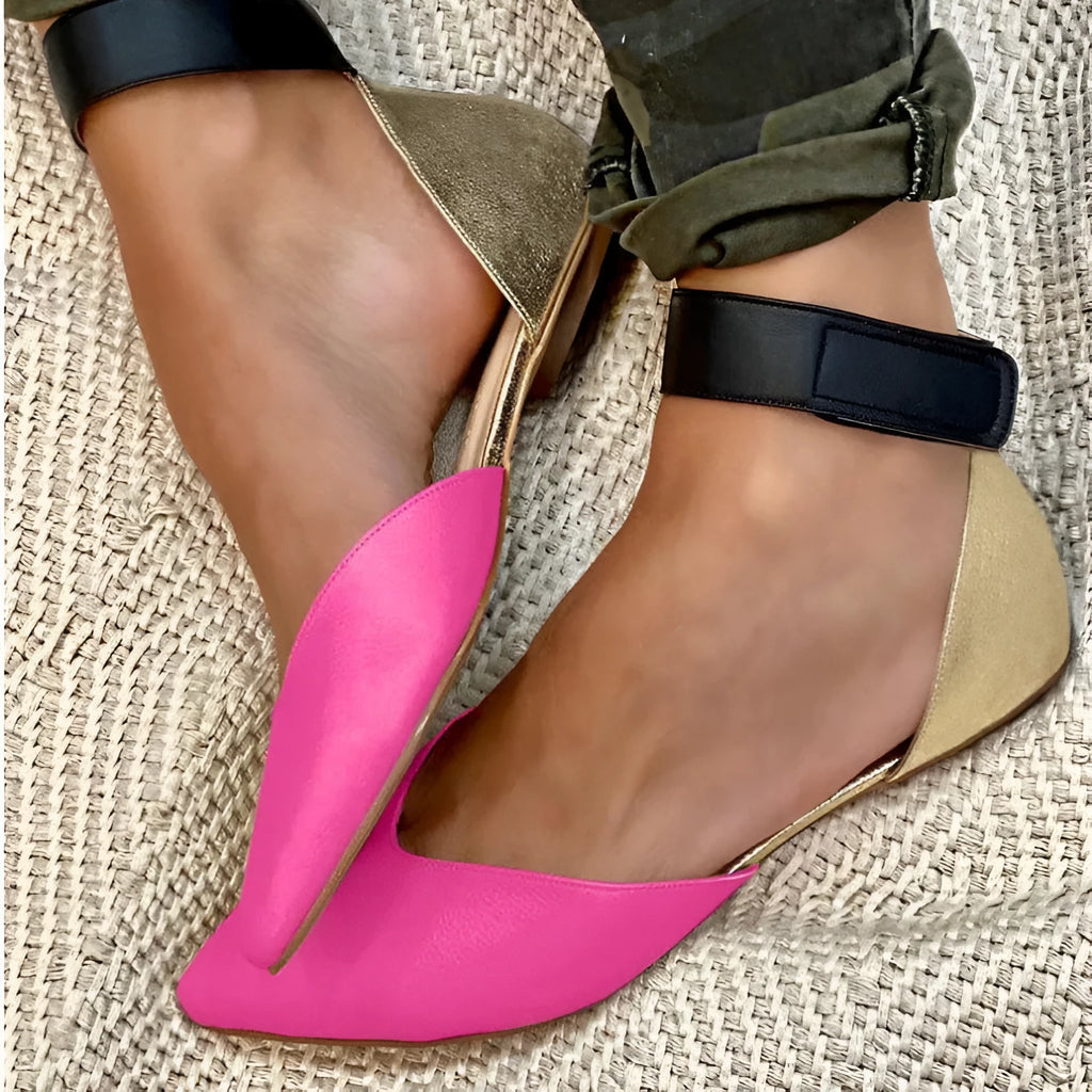 Women's beige velcro fastening sandals with hollowed design and flat heel