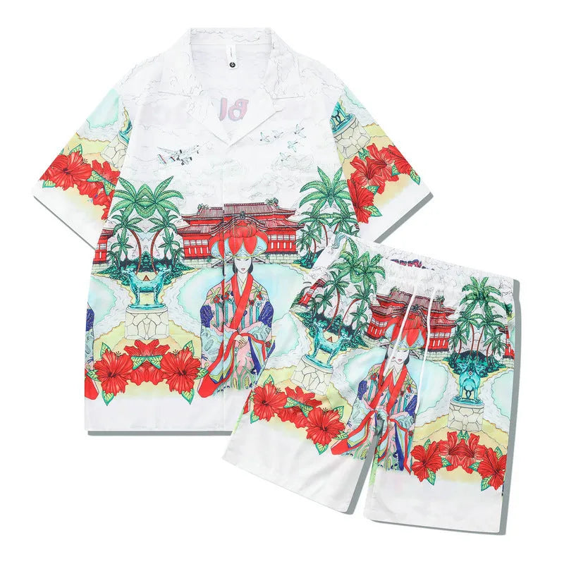 Plaid print beach outfit set comprising a short sleeve shirt and matching shorts on a mannequin