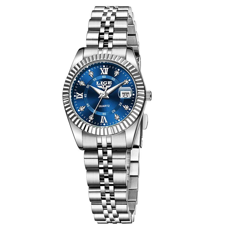 Waterproof women's fashion quartz watch with 10mm thickness in gold and silver colour variations