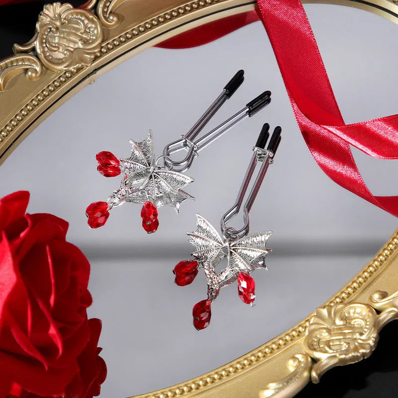 Silver alloy bat nipple clamp and adjustable clitoral clip set with ruby bat design