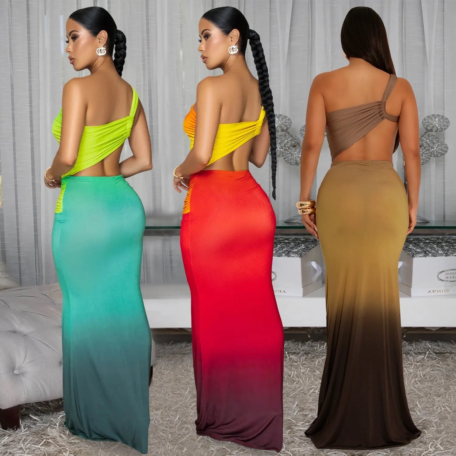 Women's gradient colour cross-shoulder sleeveless summer dress with high waist and long skirt.
