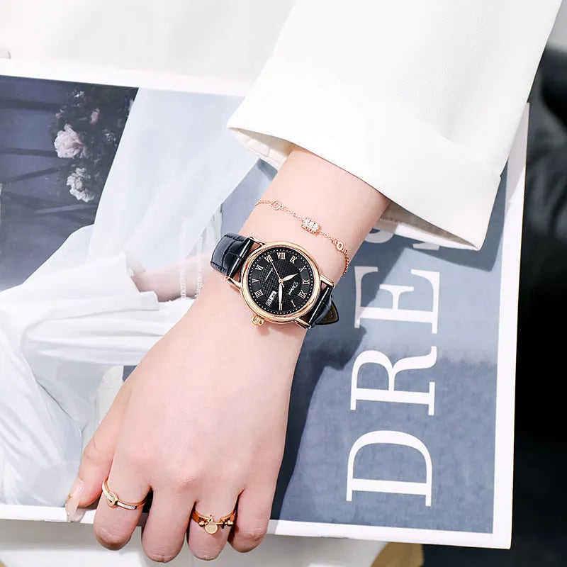 Women's automatic mechanical fashion watch with 12mm thickness showing steel and leather strap options