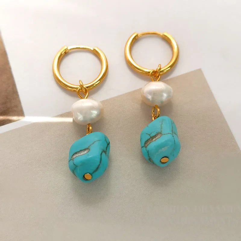 Turquoise and cultured pearl ear clip earrings in irregular geometric shape, shown in both short and long dangle styles
