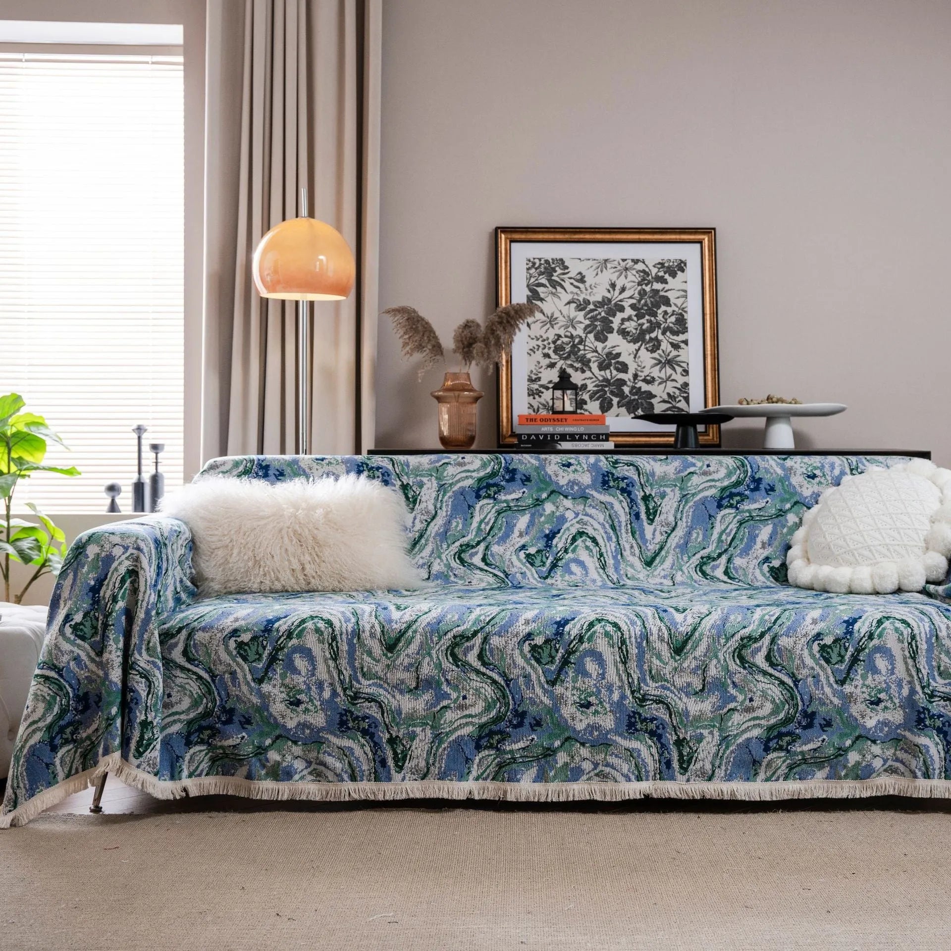 Thick jacquard floral sofa cover in American country style, showing detailed cherry flower pattern on white background.