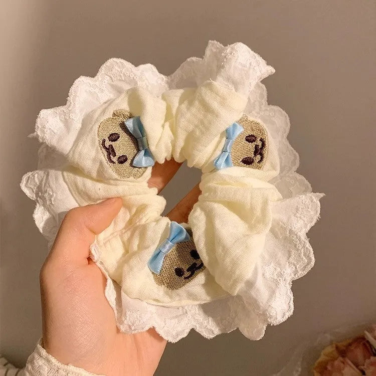 Bear blue bow lace large intestine style elastic hair ring with cloth material