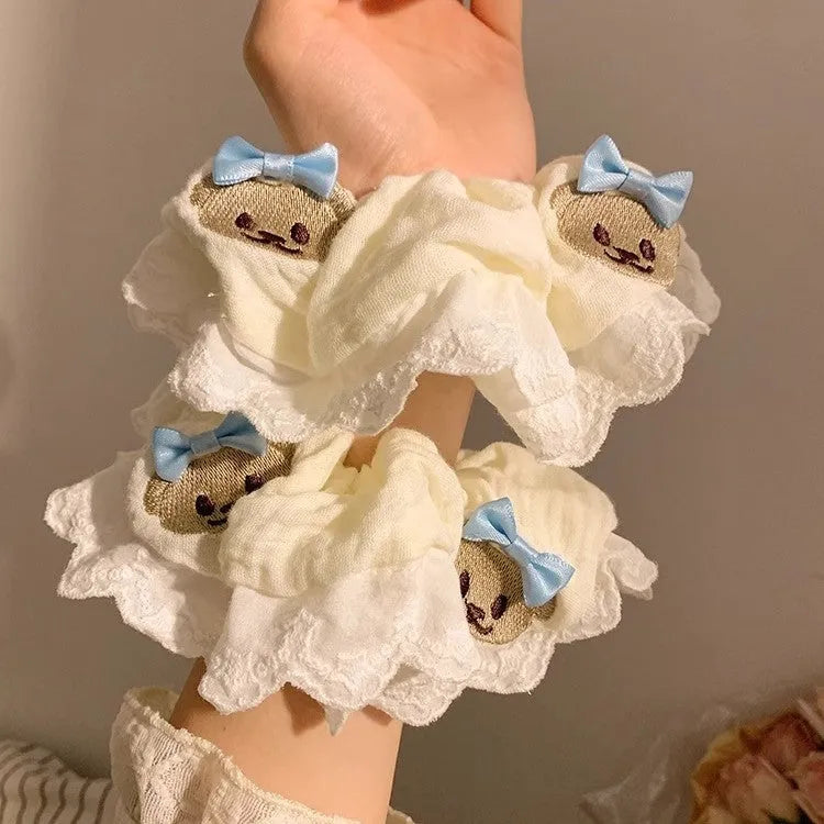 Bear blue bow lace large intestine style elastic hair ring with cloth material