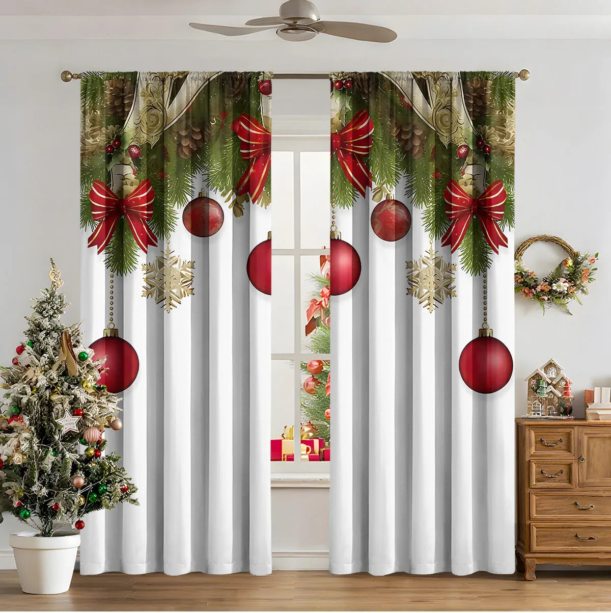 3D digitally printed modern Christmas curtain in a polyester fabric, showing one of fifteen available design styles.