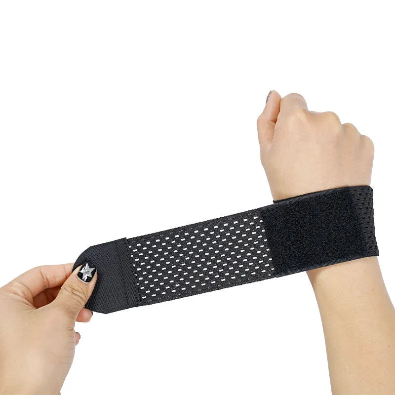 Athletic wristguard in pink black or gray showing high elastic breathable fabric for wrist support
