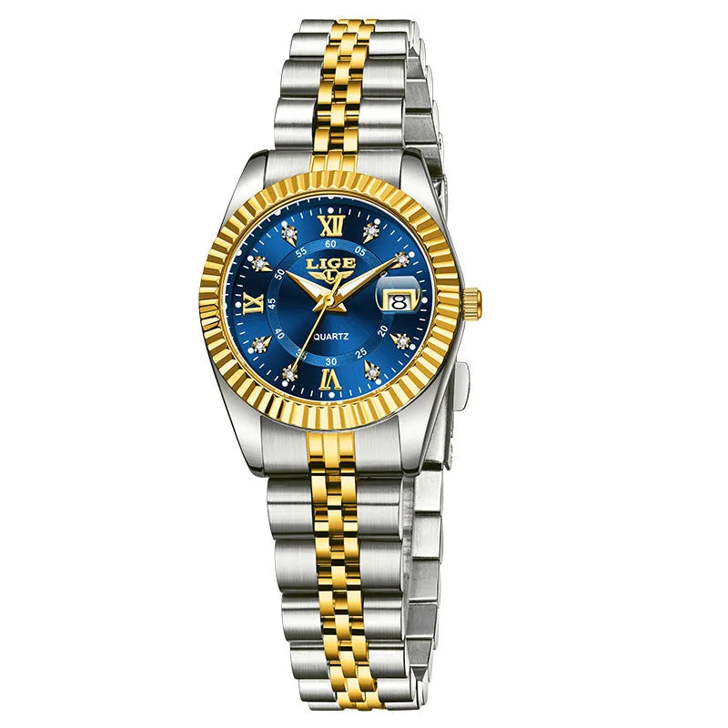 Waterproof women's fashion quartz watch with 10mm thickness in gold and silver colour variations