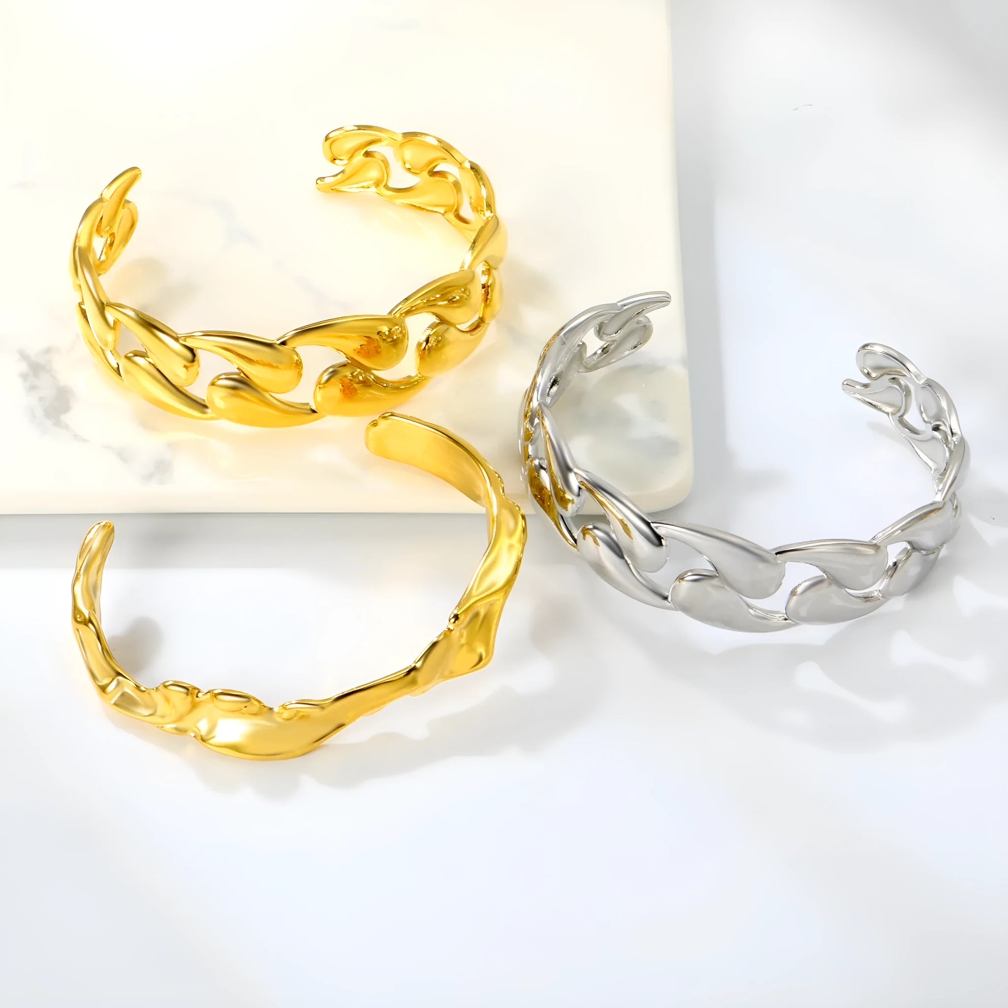 Advanced stainless steel alloy bracelet in European and American style on a wrist, showing a metallic finish.