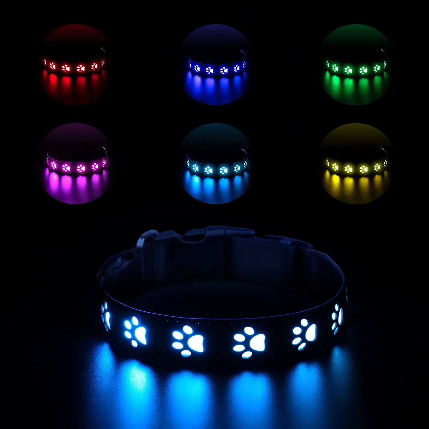 LED luminous dog collar with paw printing design showing 7 colour lighting options