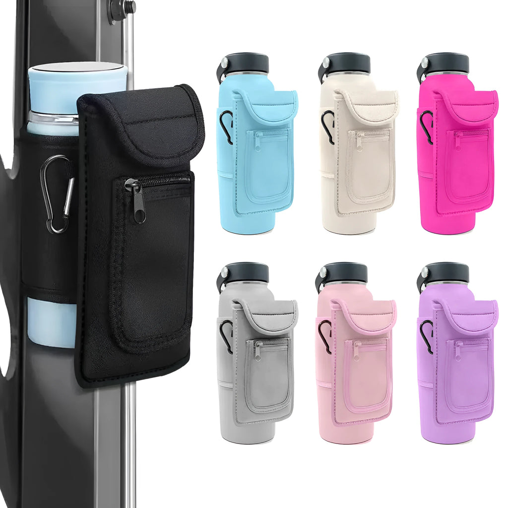 Fitness magnetic cup sleeve in grey with carabiner buckle, holding a large black sports water bottle.