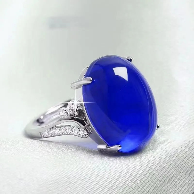 Adjustable geometric alloy ring with a natural sapphire-like stone in ethnic style