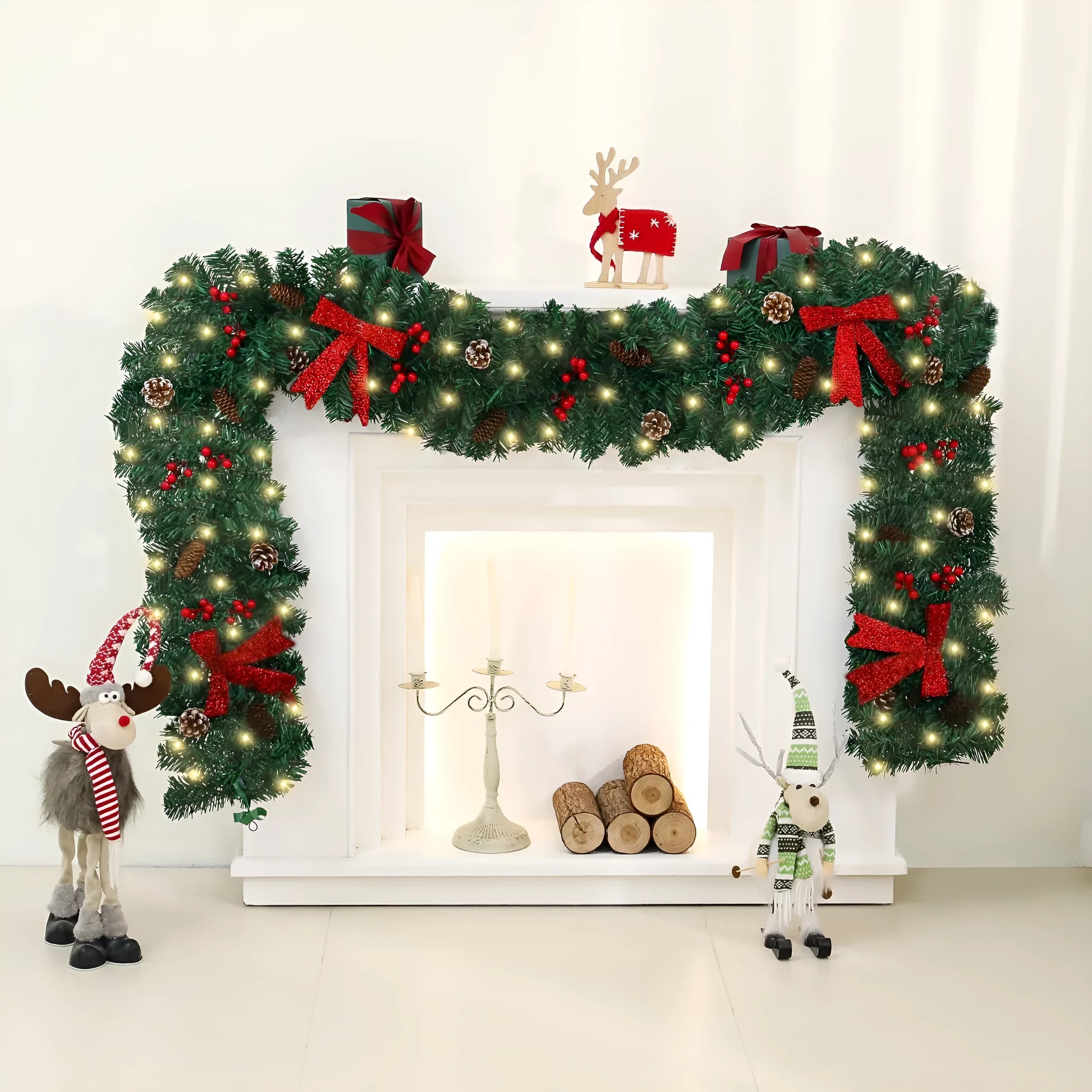 70cm tall Christmas rattan decorative cane with pine cone and red bow, shown on a festive table setting.