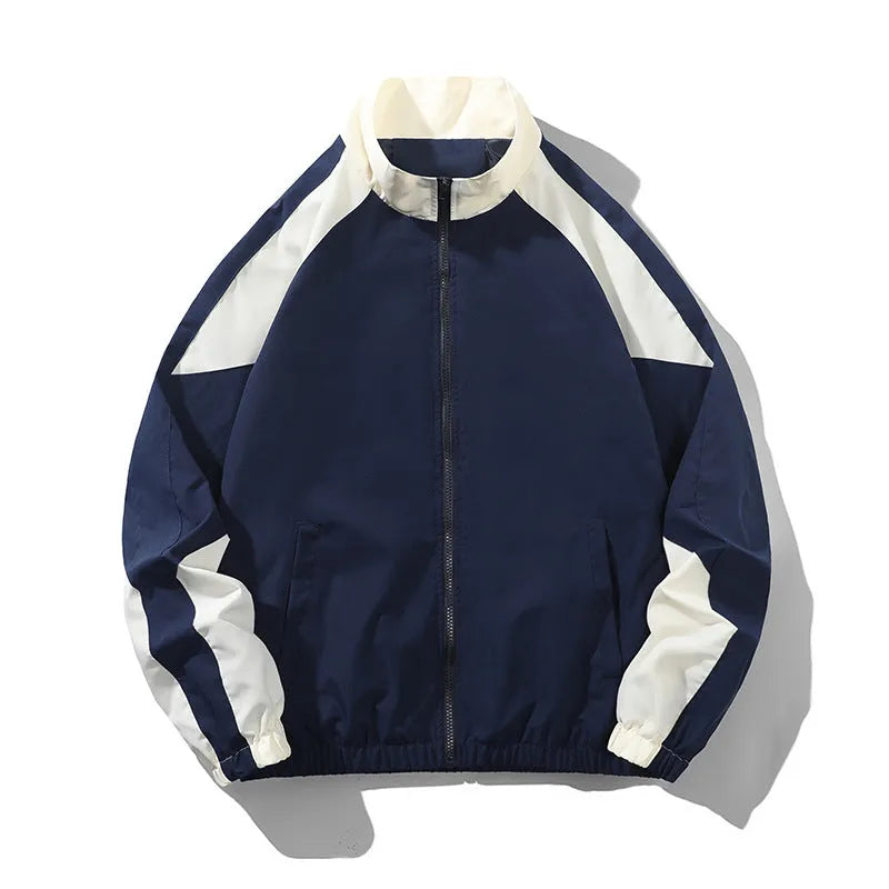 Men's black casual polyester jacket with contrast stitching and side seam pockets