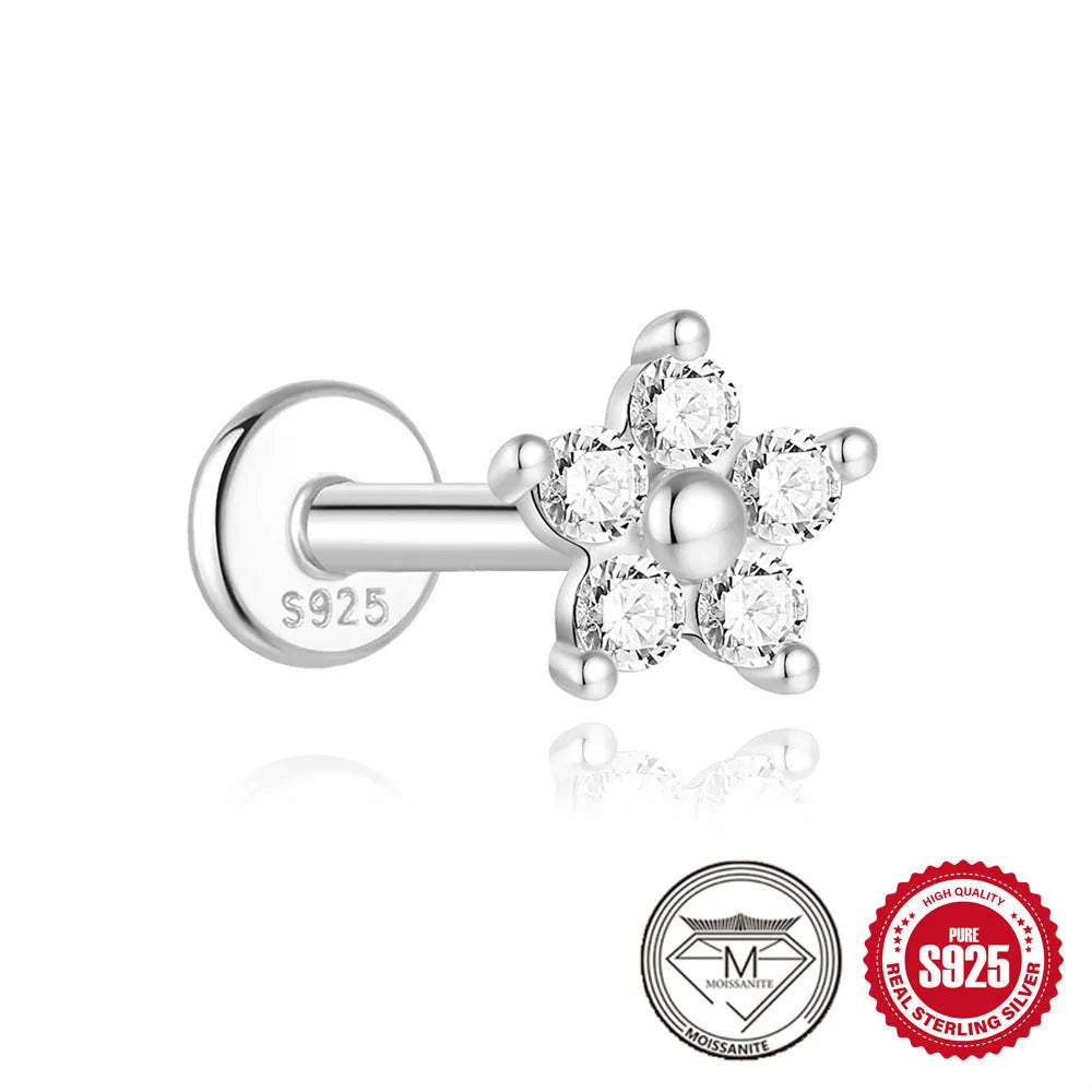 S925 sterling silver stud earrings with petal diamond geometric designs in platinum plating
