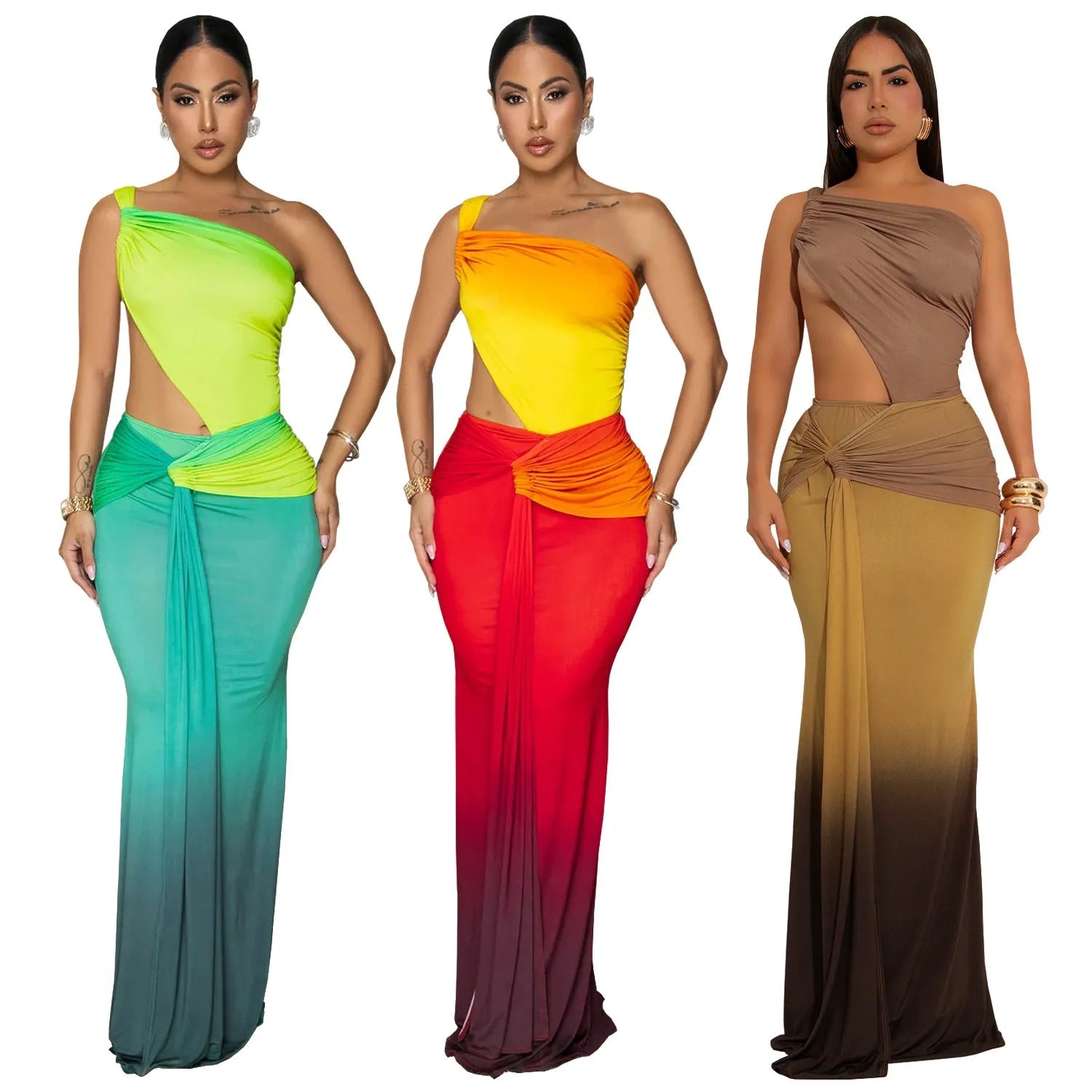 Women's gradient colour cross-shoulder sleeveless summer dress with high waist and long skirt.