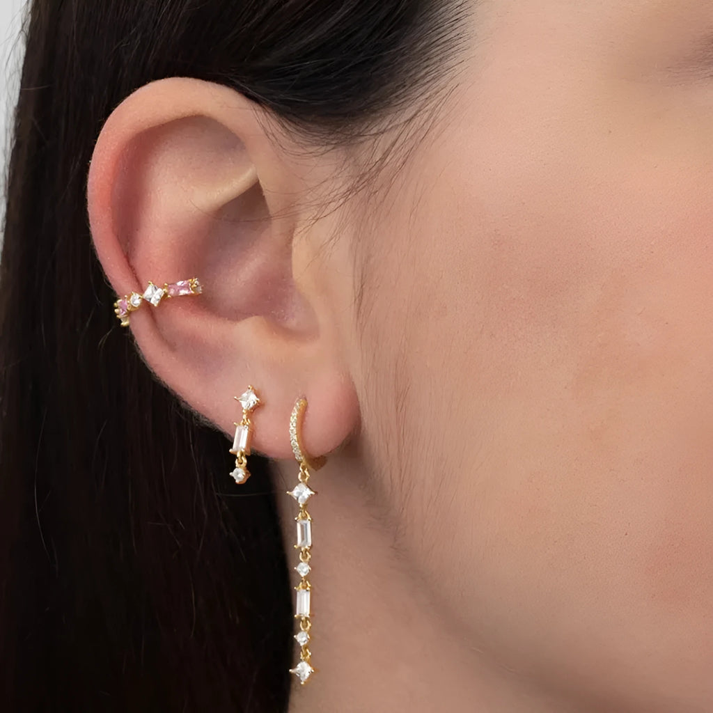 Geometric tassel ear clips with micro-inlaid colourful zircon stones on silver needle copper