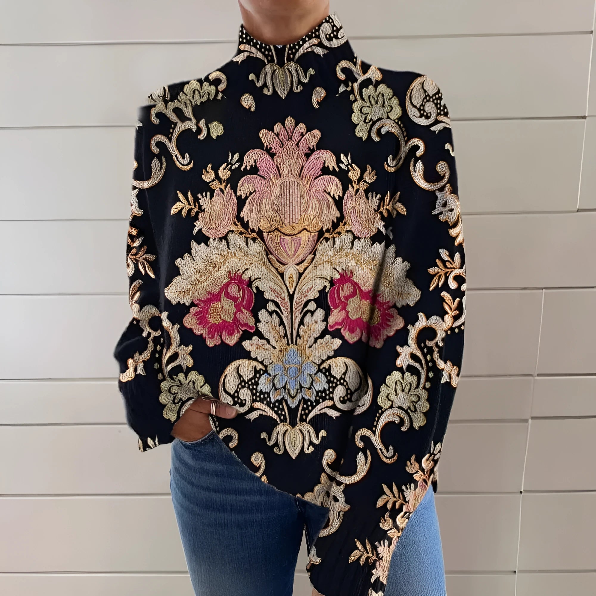 Women's black turtleneck sweater with 3D pattern print, loose fit casual style