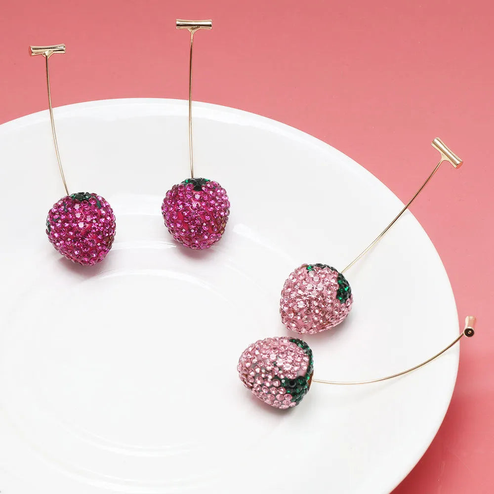 Geometric strawberry-shaped zinc alloy earrings with spot drill texture in red colour.