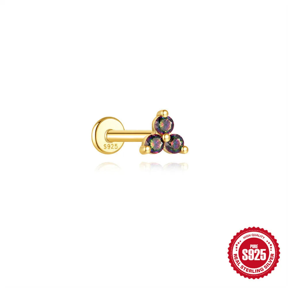 S925 sterling silver geometric flat head earring with a shiny rainbow stone on an alloy backing.