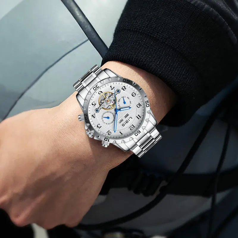 Men's silver stainless steel automatic perpetual calendar mechanical watch with business styling